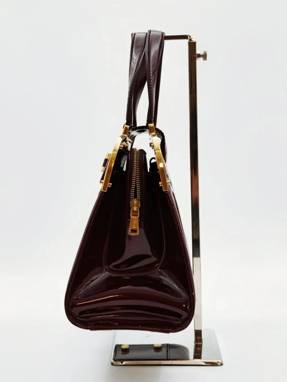 YSL Yves Saint Laurent Uptown Burgundy Patent Leather Satchel Top Handle Bag